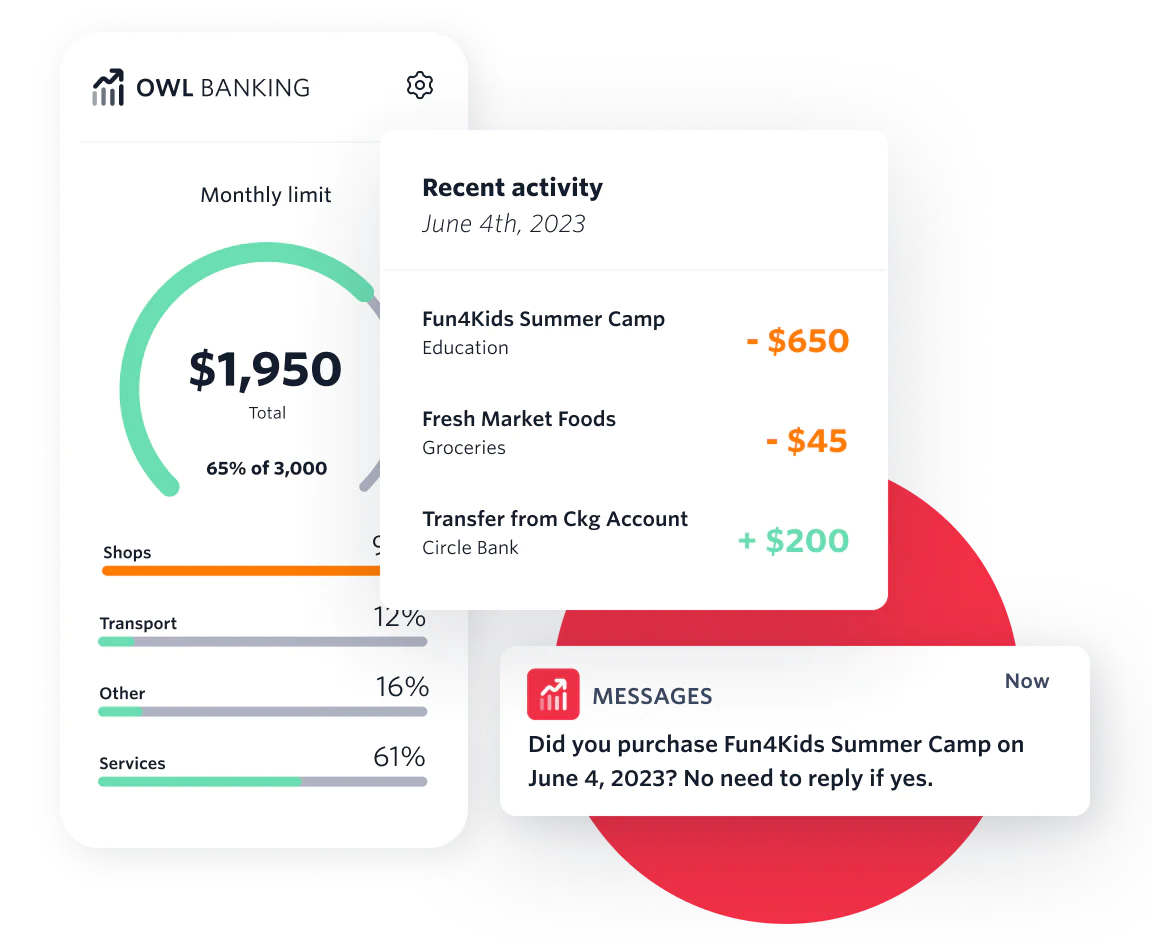 Illustration of a banking app with sending messages with an SMS service to a customer to confirm recent purchases from their account.